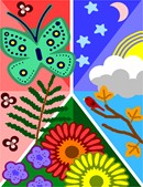 A collage of nature: a butterfly, flowers, a bird on a branch, sun, moon, stars, and clouds, and a fern leaf.