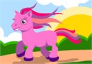 Pink pony skipping merrily down a wee mountain path, her colorful mane and tail flowing in the breeze.