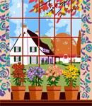 Flowering potted plants on the window sill, looking out on an autumn country scene, and framed by stylish curtains. Flowers and floral design are among the most popular needlepoint designs. People have been stitching flowers and floral motifs for hundreds of years.  Flowers are bright and pleasant, and most have underlying meanings to them.