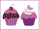 A pair of tempting purple pastries, complete with pretty toppings.  Cupcakes have been around since the late 1700's. The first mention of the cupcake can be traced as far back as 1796, when a recipe notation of “a cake to be baked in small cups” was written in American Cookery by Amelia Simms.