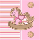 Front of a striped horsie baby stretchie. Soft pastel stripes, rocking horse, and buttons.
