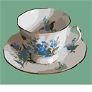 A china teacup and saucer. Based on a photo by Lydia Kisch.  Even if you aren't British, you may still have a delicate ornate teacup that you use to savor a hot fragrant tea.  See "teacup lavender" for a matching canvas design to stitch.