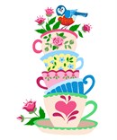 Stack of vibrant teacups with flowers and a bird.  Teacups and teapots are popular needlepoint items - especially cute ones like this.
