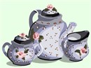 A matching set of florally decorated china: one for tea, one cream, and one sugar, in shades of grey.