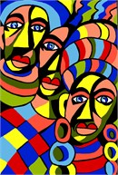 Artwork depicting three african men in colorful dress. One of the main themes in the art of Ancient Africa is the human form. The primary subject in the majority of the art is people. Among the Yoruba in southwestern Nigeria, the head is the wellspring of wisdom and seat of divine power (àse).