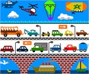 A wide variety of vehicles participate on land, sea and air.  The joys of childhood are depicted in this design. Boats, helicopters, hot air balloons, cars and trucks of every shape and size. A bridge and birds and ducks...