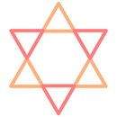 Star of David, composed of 6 triangles in two pastel colors. The Star of David or Magen David (literally, Shield of David), as it is referred to in Hebrew, is the most common symbol for expressing Jewish identity today. The Hebrew name for the symbol – a hexagram formed by two overlapping triangles, one pointed upward and the other downward – comes from its supposed resemblance to King David’s shield. However, use of the Star of David as a Jewish symbol only became widespread in 17th-century Europe, when it was used displayed on synagogues to identify them as Jewish places of worship.