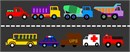 Two dump trucks, a fire engine, police car, ambulance, pickup truck, mail truck, cement mixer, and a school bus are all riding along the highway. Perfect for a classroom decor or a boys room.