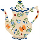 Vintage porcelain teapot with painted bumblebees, butterflies, ladybugs, and blue flowers. Teacups and teapots are popular needlepoint items - especially vintage ones like this. See coordinating teacup design.