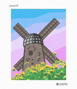 Stately windmill on a spring hillside against a colorful sky.